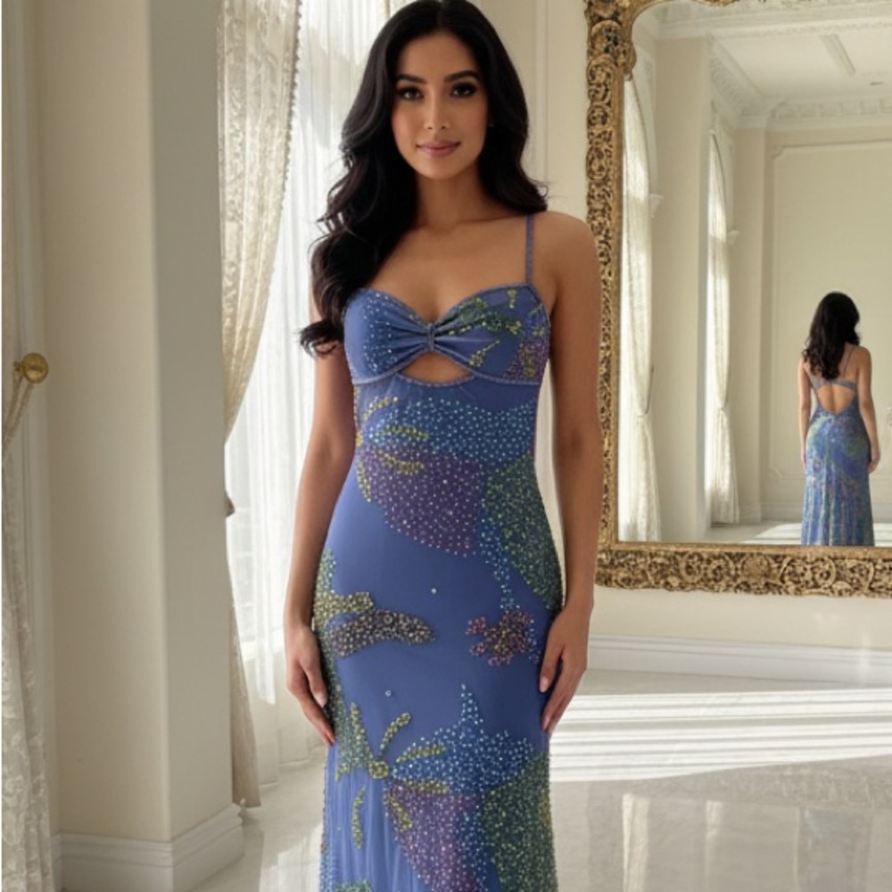 Elegant Blue Floral hand beaded Maxi Dress - Picture 3 of 8